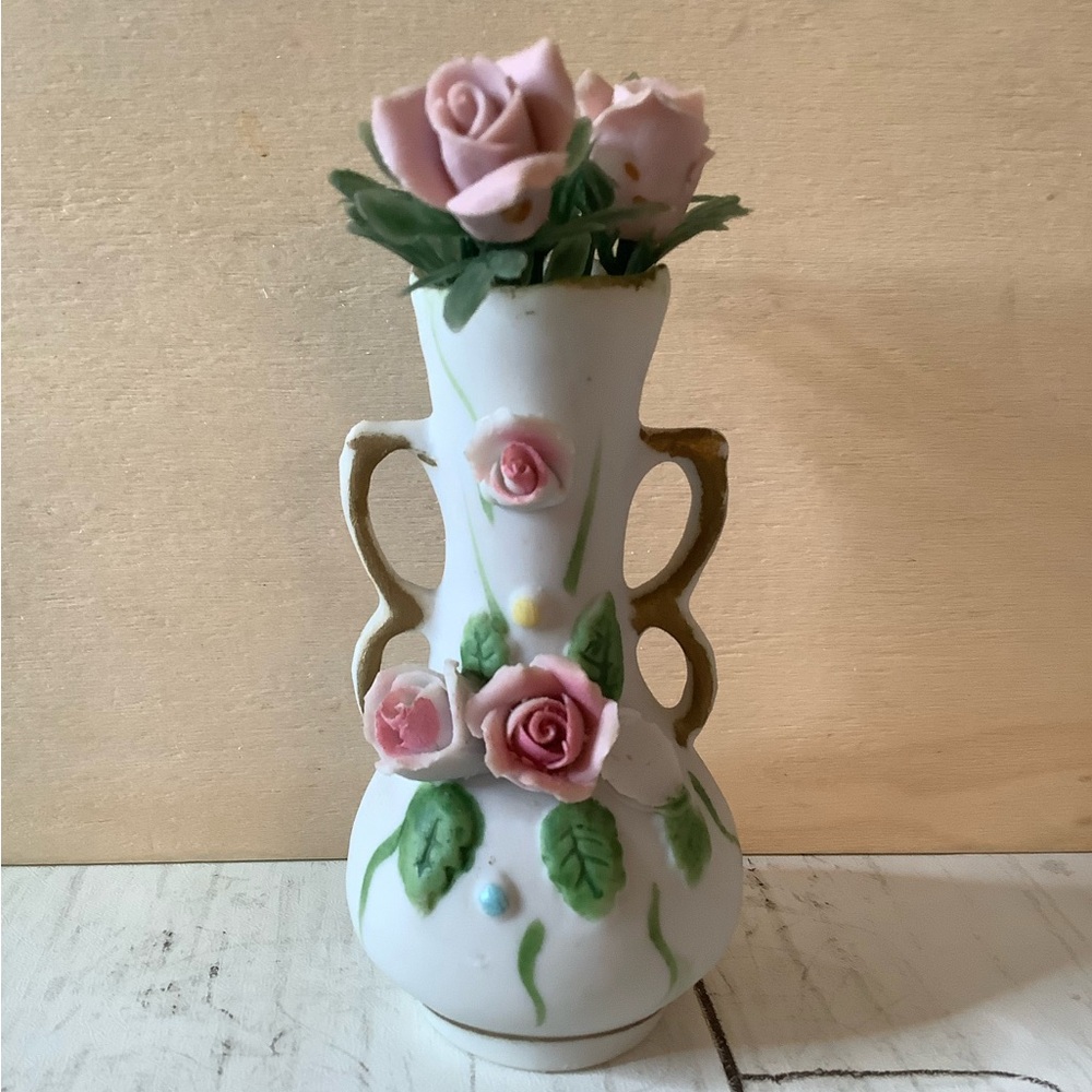 Vintage Miniature Vase With Plastic Stems And Ceramic Flowers